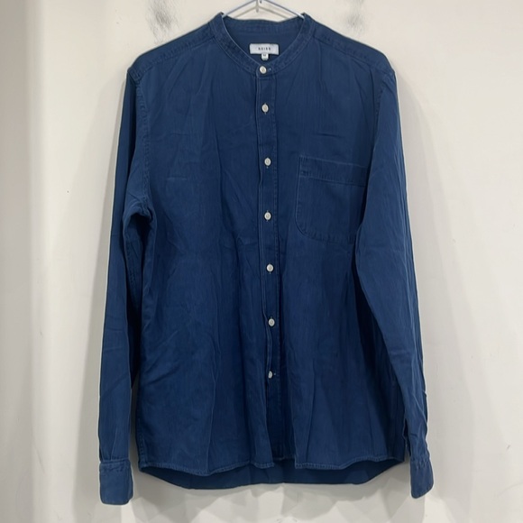 Reiss Caffrey Textured Grandad Collar Shirt Denim Navy Blue M - Picture 6 of 13